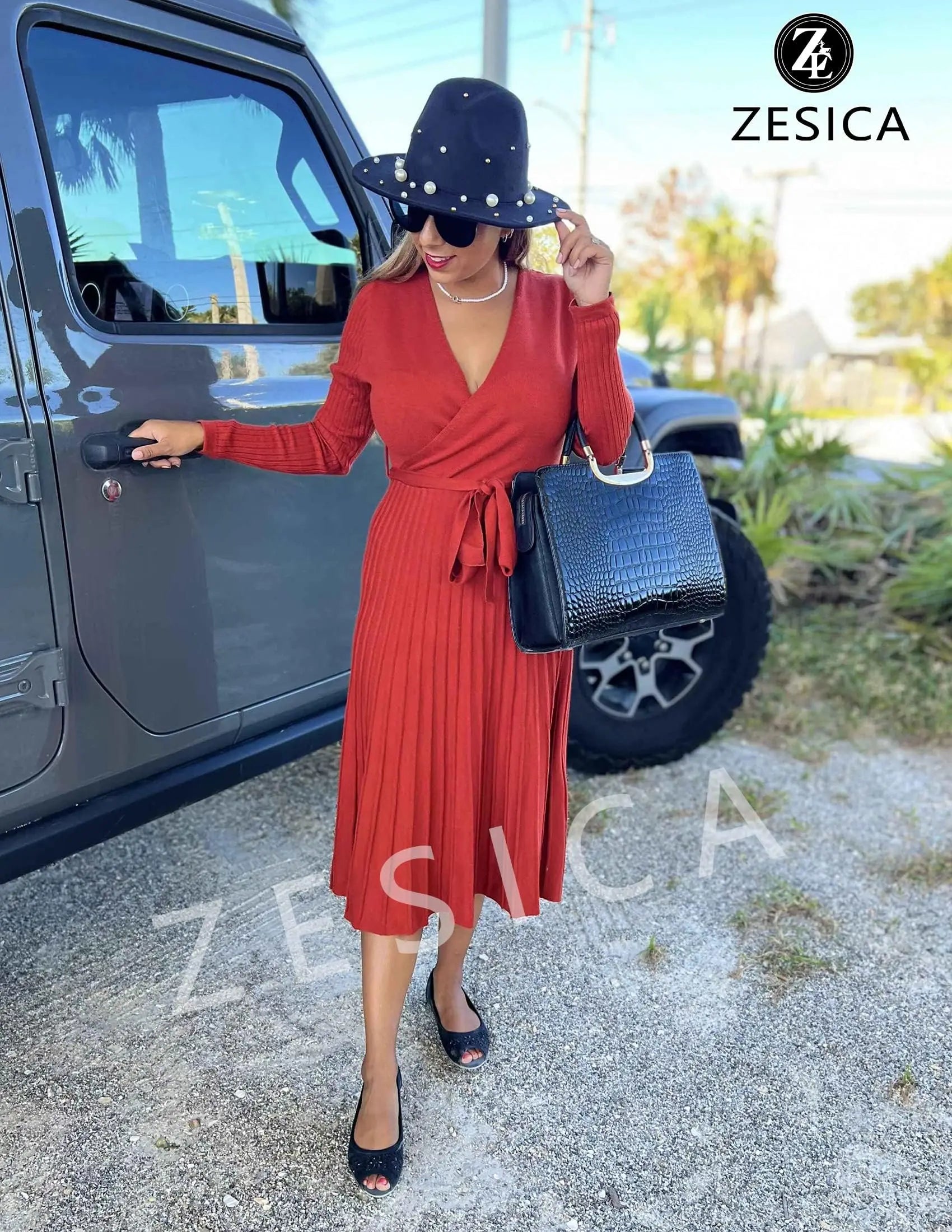 Womens Long Sleeve Wrap V Neck Ribbed Knit Pleated A-Line Sweater Dress With Belt