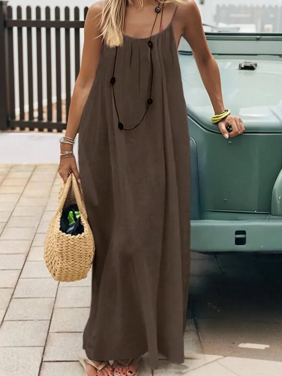 Pleated Halter Maxi Dress Elegant Women Dress Long Halter Sleeveless Backless Pleated Loose Beach Party Summer