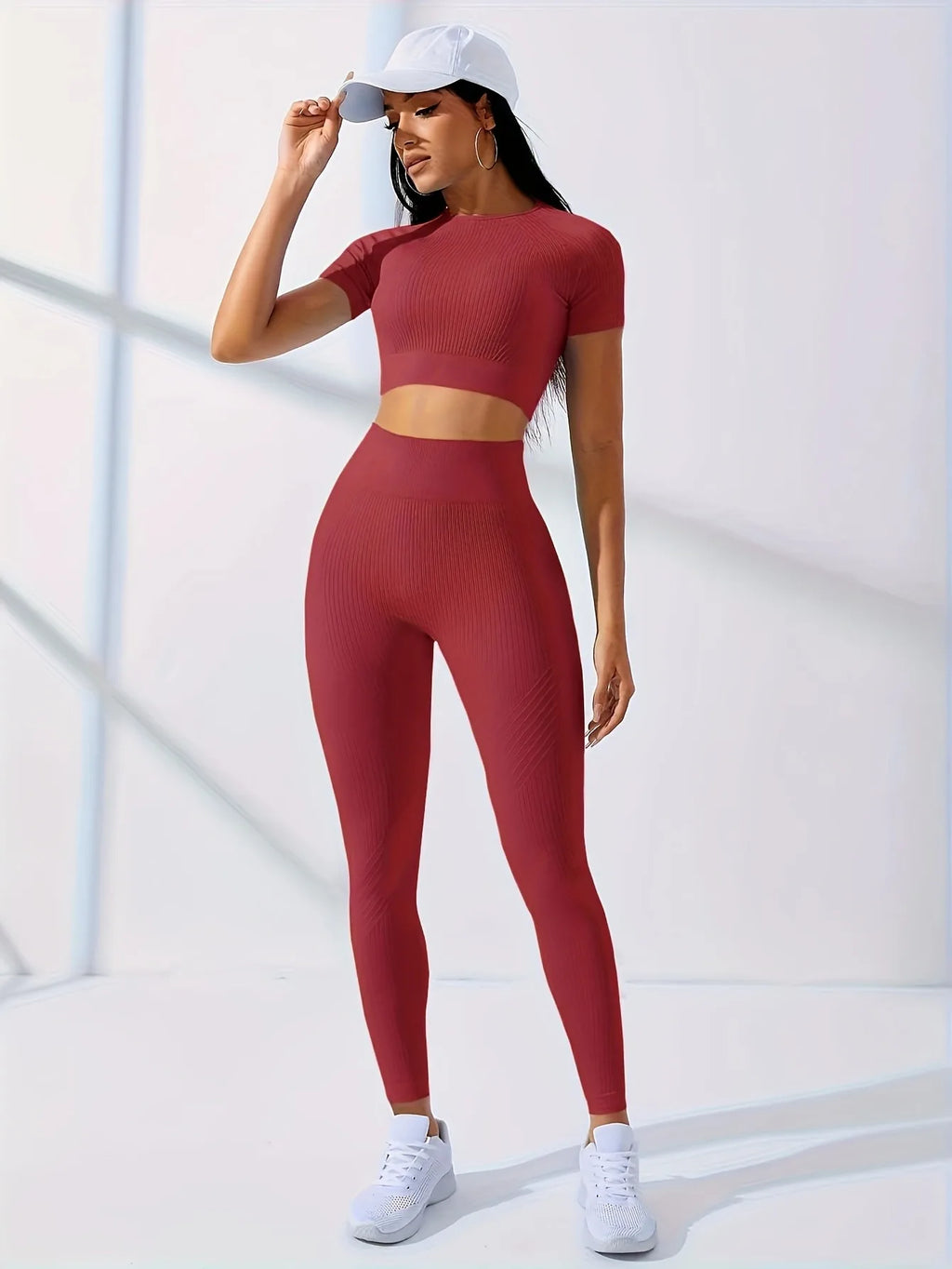 Workout Sets Outfits for Women – Yoga Leggings with Short Sleeve Crop Top, Slim Fit Tummy Control Butt Lifting Waist Shaping, Seamless Ribbed Texture, Breathable Soft Fabric, Non-Pilling, Perfect for Fall Winter Gym Yoga Ru