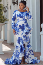 Floral Satin Plus Size Mermaid Maxi Dress Long Sleeve Ruched Side Ruffle High Slit Train Formal Gown Women Wedding Guest Dress