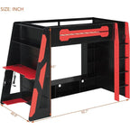 Twin Size Gaming Loft Bed with Integrated Desk and Storage, Wood Frame, LED Light Strip, Space-Saving Design (Red)