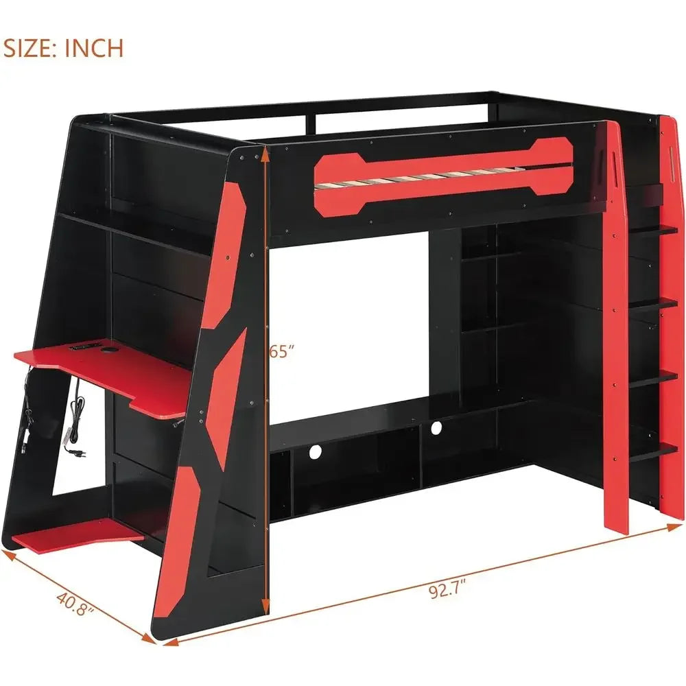 Twin Size Gaming Loft Bed with Integrated Desk and Storage, Wood Frame, LED Light Strip, Space-Saving Design (Red)