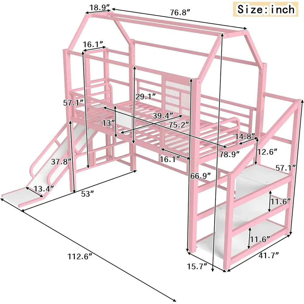 Twin Size Metal Bunk Bed with Slide, Stairs & Storage, Playhouse Underneath, Pink for Kids