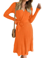 Womens Long Sleeve Wrap V Neck Ribbed Knit Pleated A-Line Sweater Dress With Belt