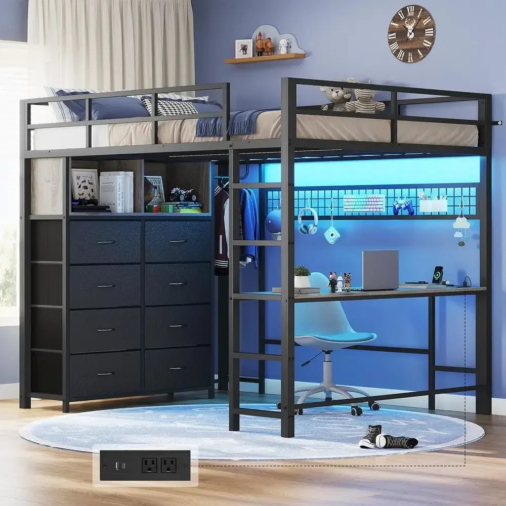 Grey Metal Loft Bed with Desk, 8 Drawers, LED Lights, Power Outlet, Shelves, and Clothing Rack