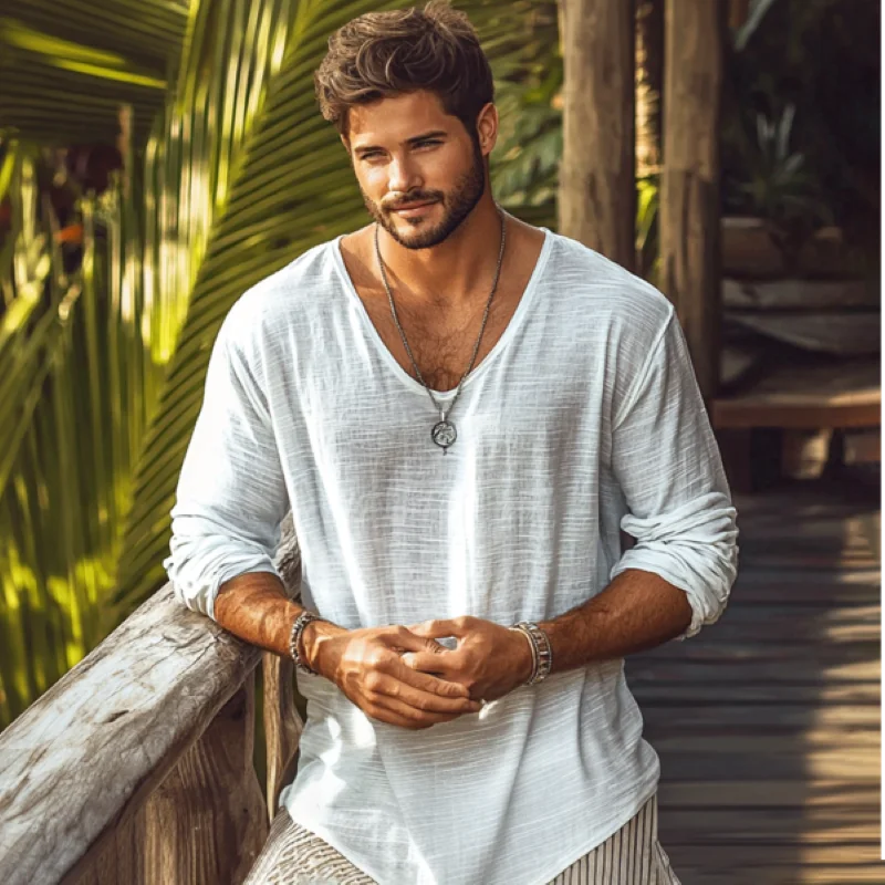 Summer Men Casual Slim Long Sleeve Shirt Linen Breathable V-neck Plus Size Daily Vacation Wear