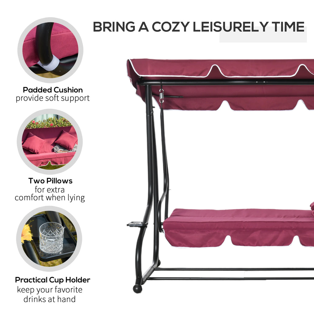 Outdoor 3-Person Patio Porch Swing Hammock Bench with Adjustable Canopy, Red