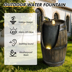 Outdoor Water Fountain with Bird Waterer, Rustic Barrel Garden Fountain with LED Lights and Pump, Faux Wood Resin Water Feature for Patio Backyard Porch Yard