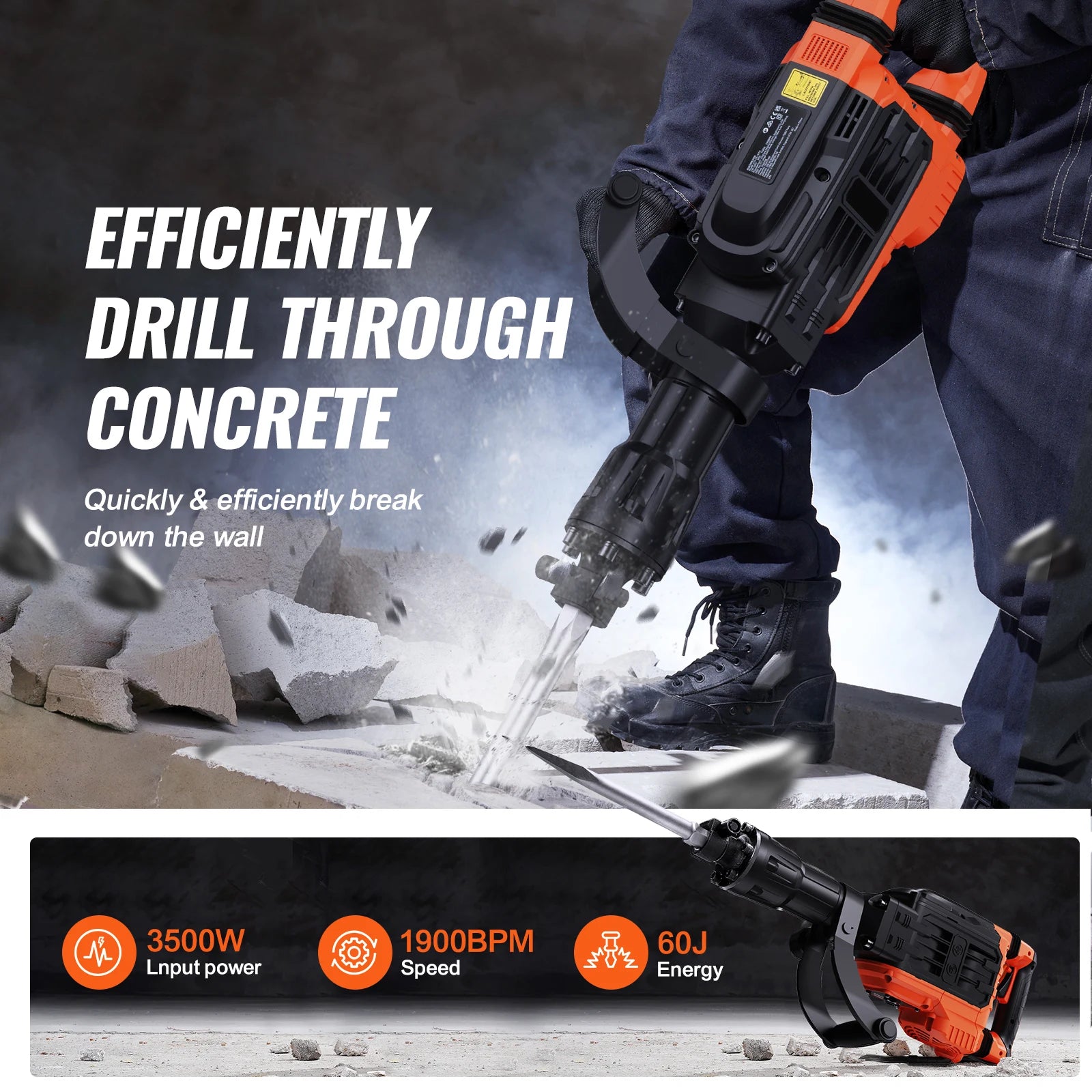 SucceBuy Demolition Jack Hammer 3500W Concrete Breaker 2pcs Chisel Gloves for Trenching 1900 BPM Heavy Duty Electric Jack Hammer