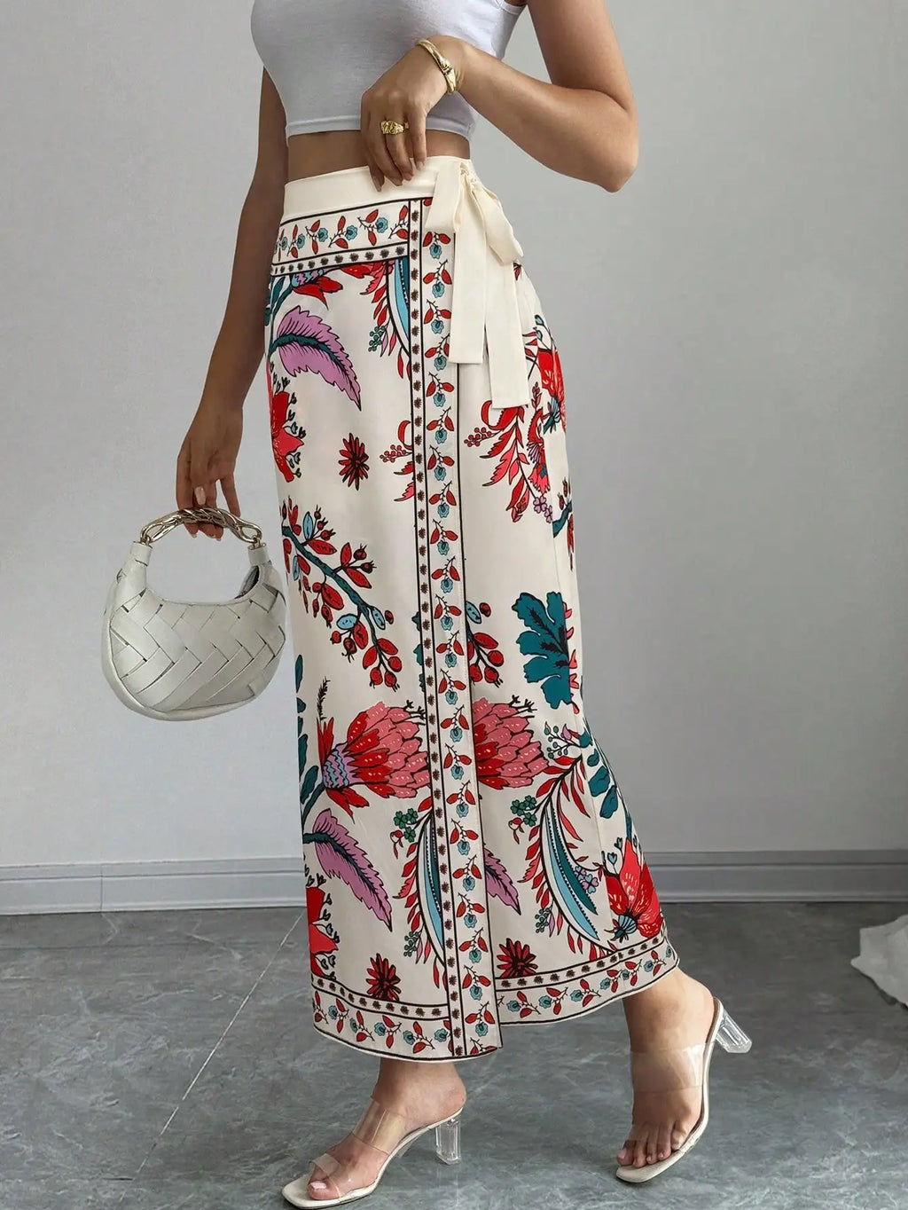 Elenzga Women's Elegant Floral Print Wrap Tie Straight Skirt, Vacation Style