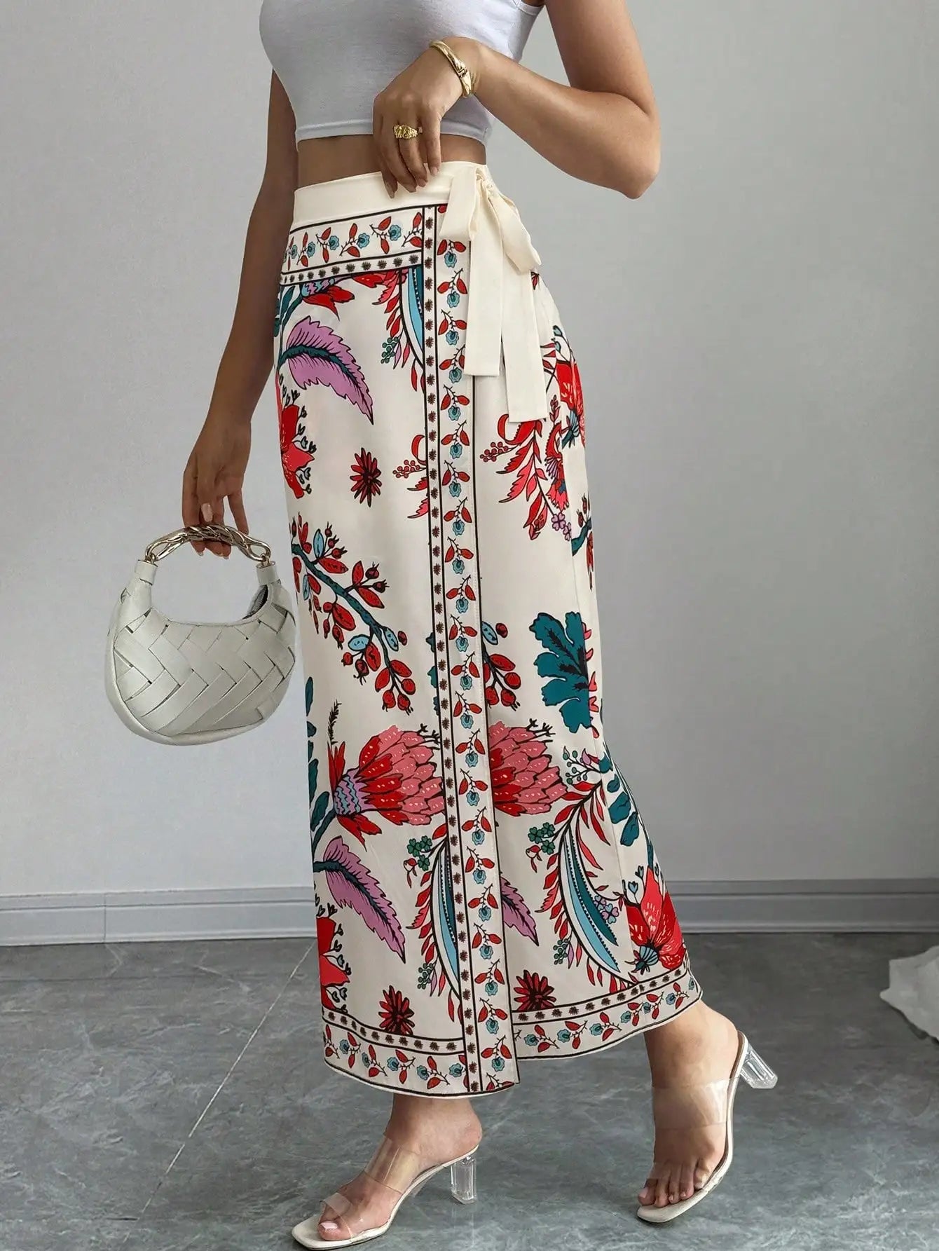 Elenzga Women's Elegant Floral Print Wrap Tie Straight Skirt, Vacation Style