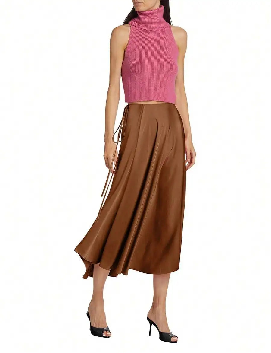 Womens Brown Satin Midi Skirt High Waisted Wrap Tie Flowy A-Line For Casual Office Date