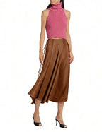 Womens Brown Satin Midi Skirt High Waisted Wrap Tie Flowy A-Line For Casual Office Date