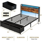 Queen Bed Frame with Headboard Storage, Charging Station, Drawers 1200 lbs Capacity, LED lights, Platform Bed Frame Queen Size,