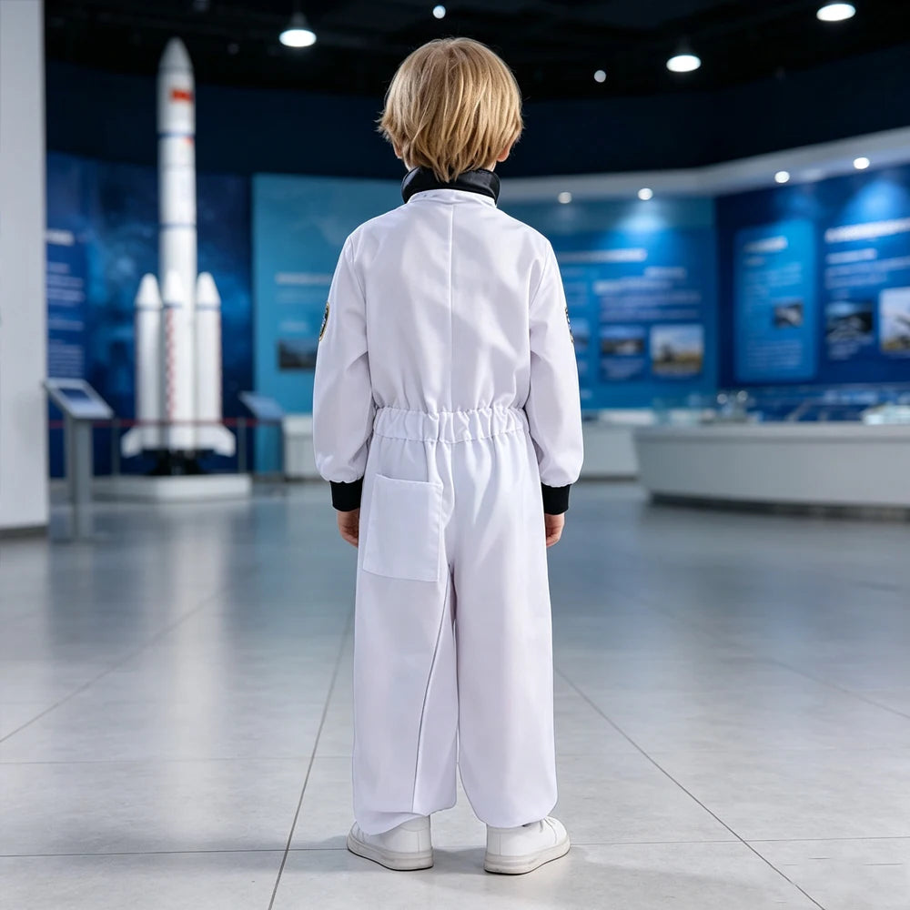 New Children White Black Trim Astronaut Costume Replica Flight Jumpsuit Unisex Kid Spaceman Uniform Halloween Cosplay Outfit
