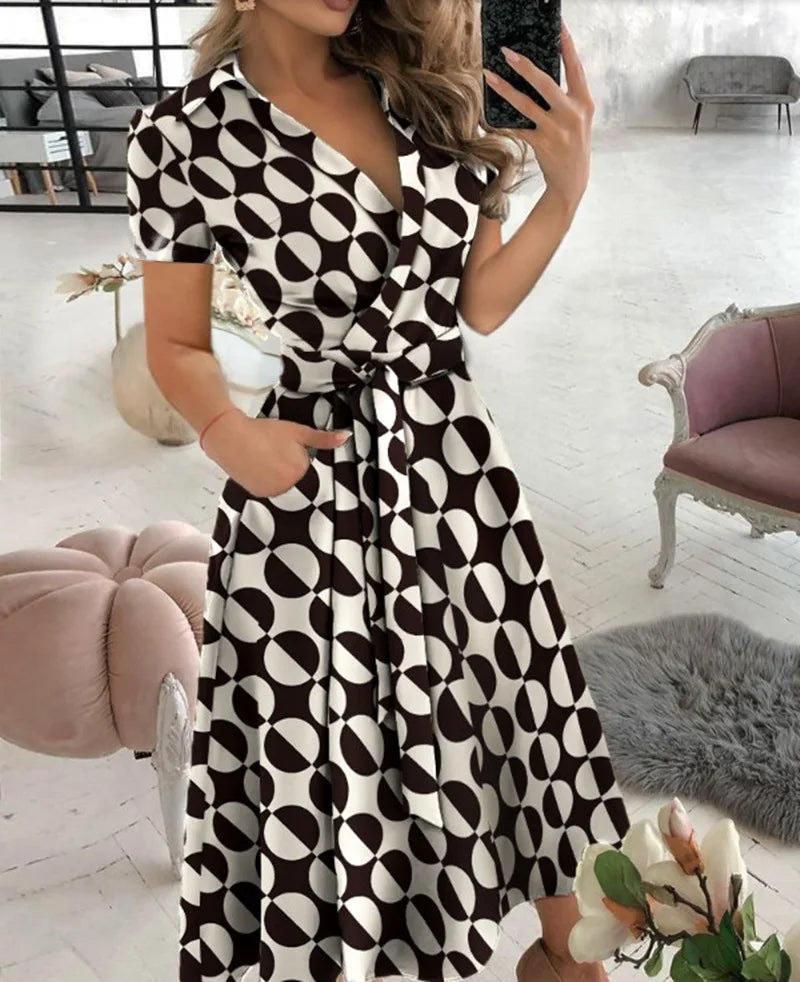 Solid Wrap Midi Dress Elegant Women Dress Mid Short Sleeve V Neck Tie Waist Pocket A-line Office Daily Summer