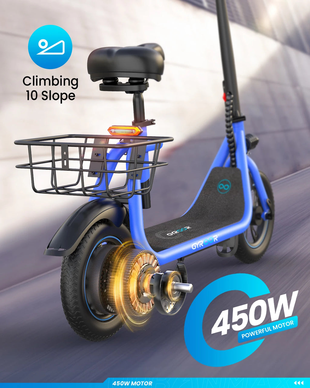 Gyroor Adult Electric Scooter with Seat – 450W Motor, 15-Mile Range, 16 MPH, 12" Tires, Rear Basket, UL2272 Certified, Adjustable Seat for Commuting & Errands
