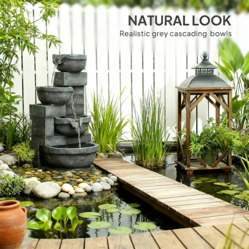 Garden Fountain,Tall Outdoor Waterfall Fountain with LED Lights, 4-Tier Resin Cascading Water Bowls with Pump On-Site