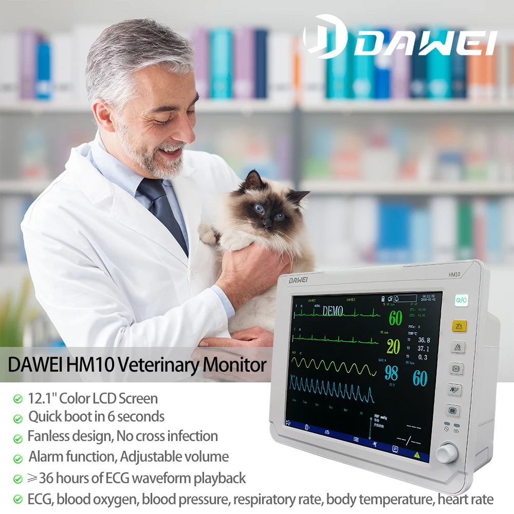 Portable Veterinary Monitor 6 Parameter, 12.1" LCD Big Screen Vet Patient for Pet Dogs Cats Animal Clinic