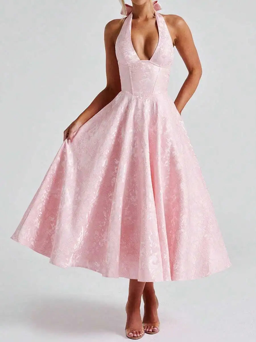 Women Jacquard Halter A-Line Tea-Length Dress For Evening Party