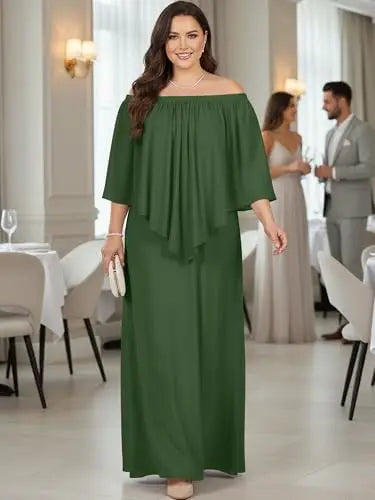 Women Plus Size Off Shoulder Long Maxi Dress Batwing Sleeve Chiffon Formal Wedding Guest Evening Party Gown