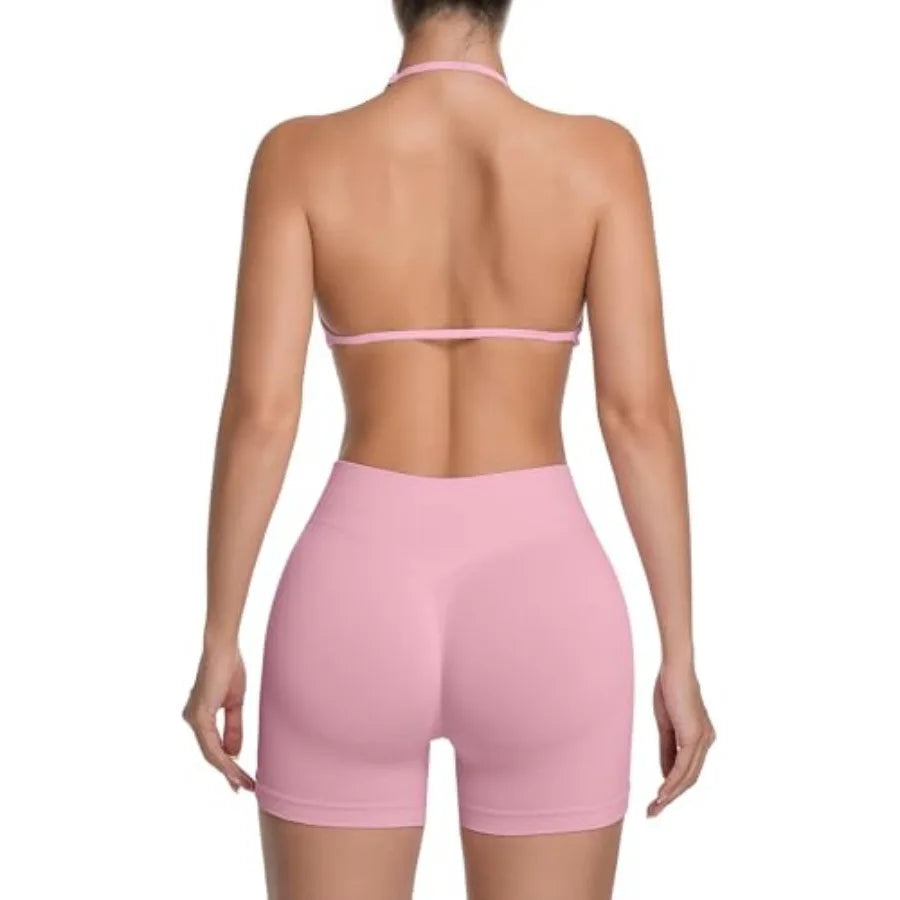 Comper 2 Pcs Workout Sets for Women Halter Strappy Sports Bra with Seamless Ribbed Gym Yoga shorts Outfits