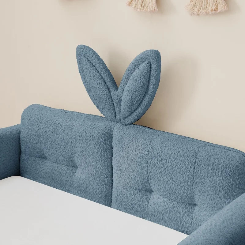 Twin Upholstered Platform Bed with Rabbit-Ear Headboard, Safety Rail, Pocket Storage, Boucle Fabric