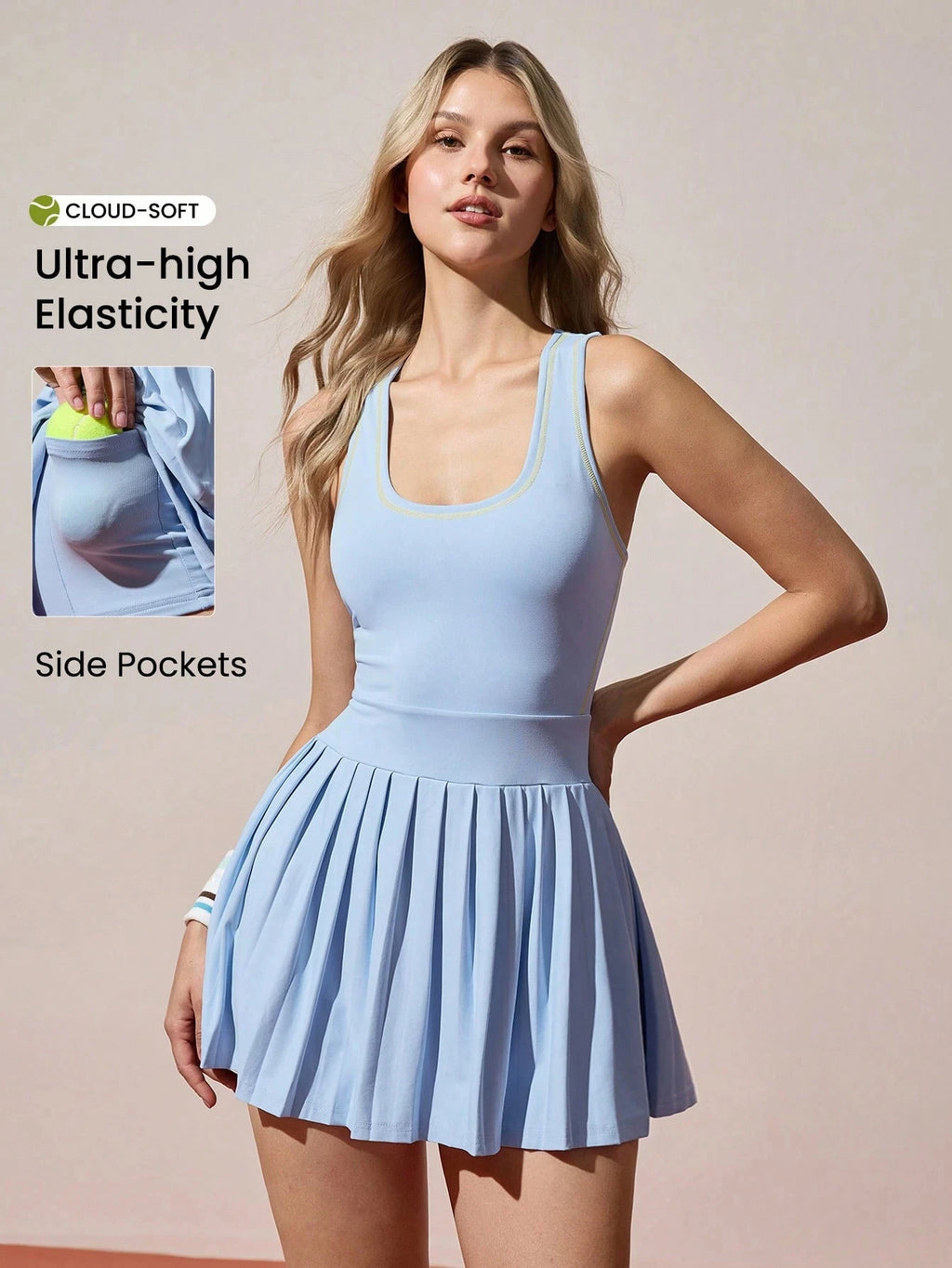 Women Summer Sleeveless Tennis Dress Stretchy U-Collar Mini Pleated Sundress with Inner Shorts, Comfy Casual Sport Dress with Pocket for Running Yoga Golf