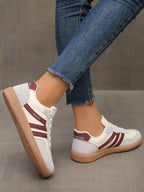Womens Pink Casual Flat Sneakers With White Stripes Comfortable Lace-Up Shoes For Spring Summer