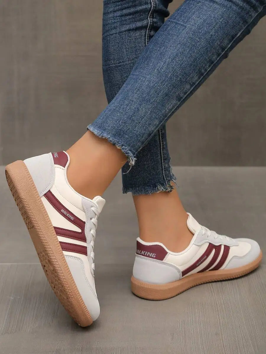 Womens Pink Casual Flat Sneakers With White Stripes Comfortable Lace-Up Shoes For Spring Summer