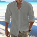 Men Shirt Simple Beach Solid Color Stand Collar Long Sleeve Shirt Cotton Linen Breathable Plus Size Summer Daily Top