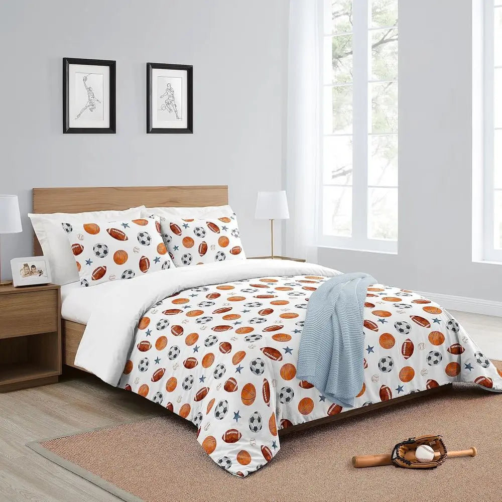 Full Size Sports Themed Bedding Set for Kids & Adults - 3 Piece Watercolor Soccer, Football, Basketball with Blue Stars