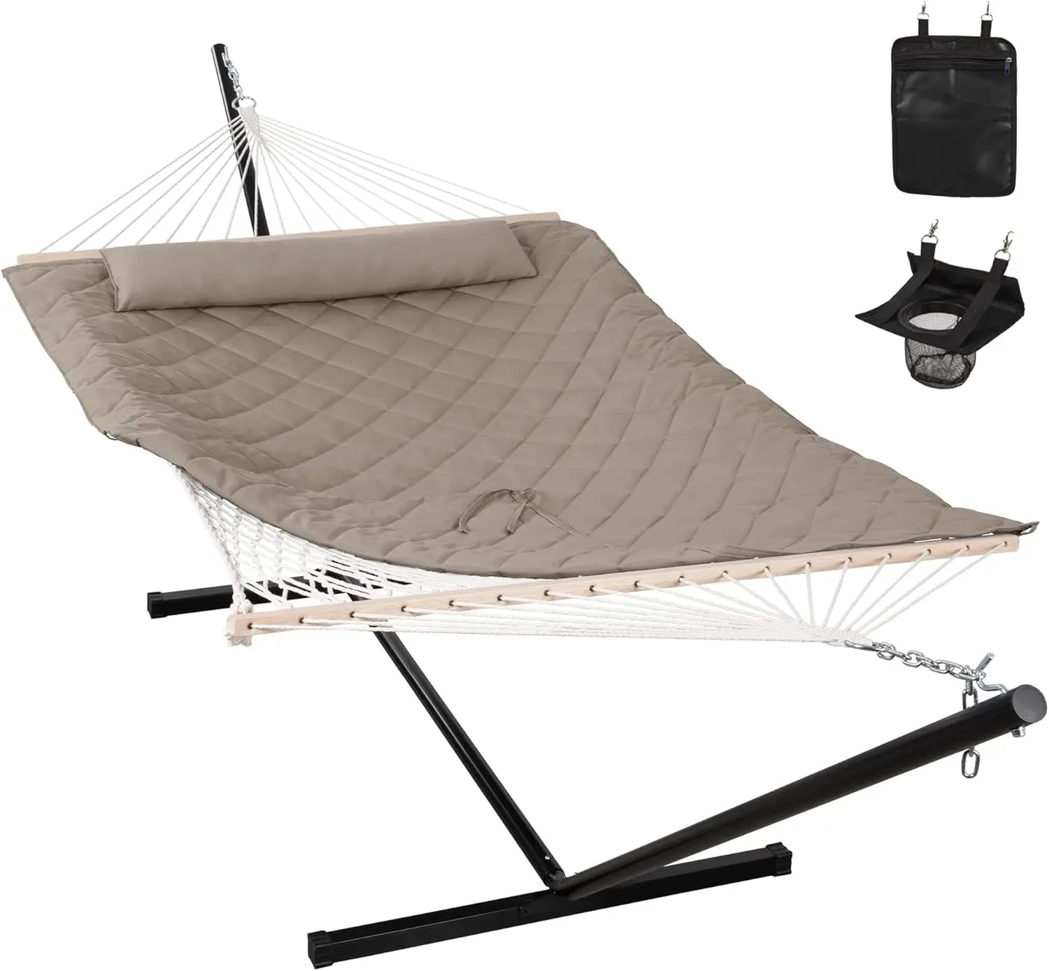Outdoors/Indoors Light Brown Double Rope Hammock with Steel Stand, 450 LBS Weight Capacity, Detachable Pillow and Pad