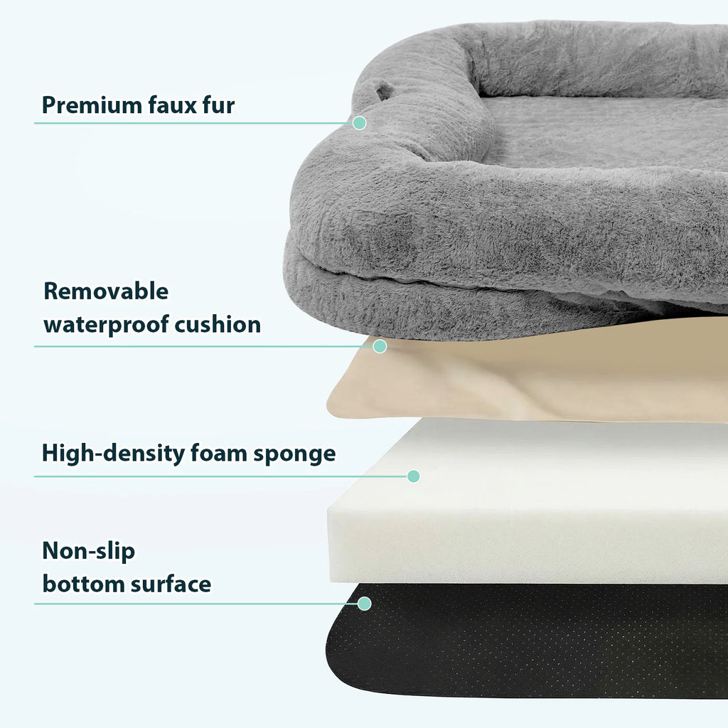 Portable Human Dog Bed Washable Large Size Non Slip Bottom Comfortable Plush Giant Size Dog Bed with Blanket and Pocket for Home