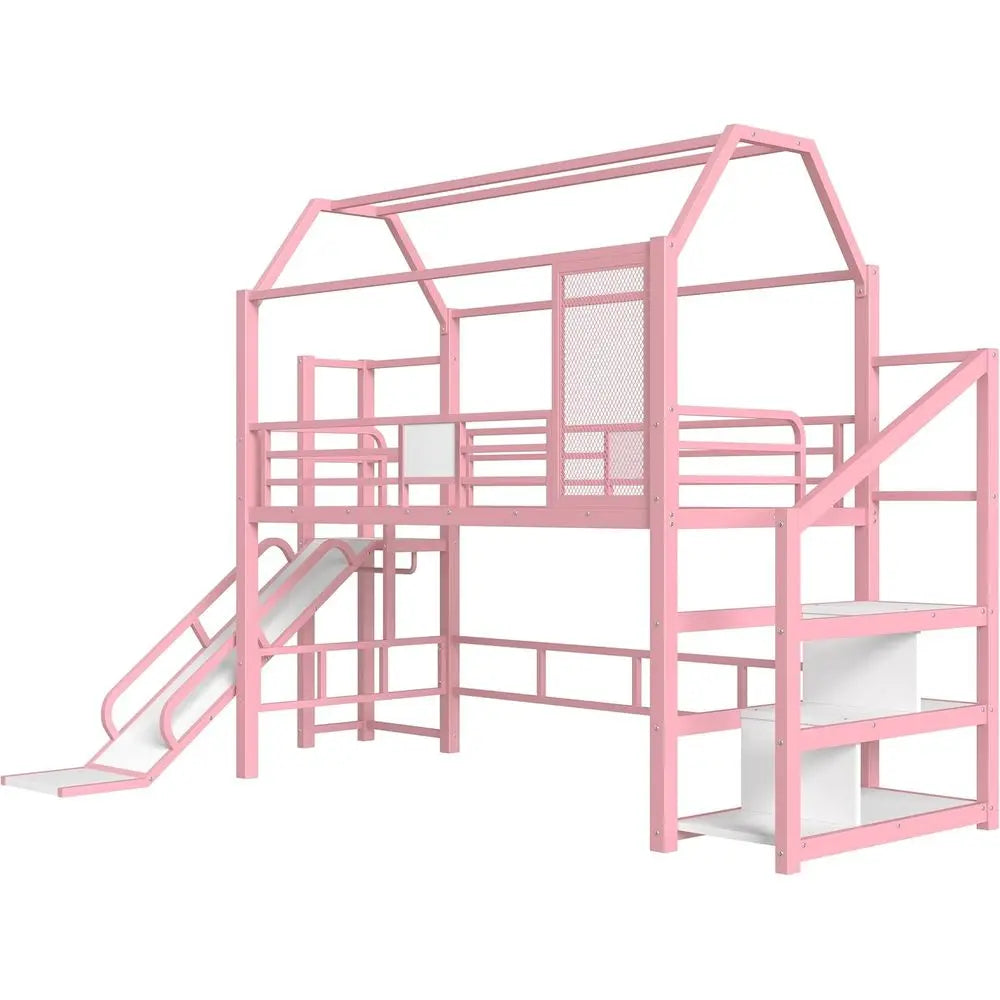 Twin Size Metal Bunk Bed with Slide, Stairs & Storage, Playhouse Underneath, Pink for Kids