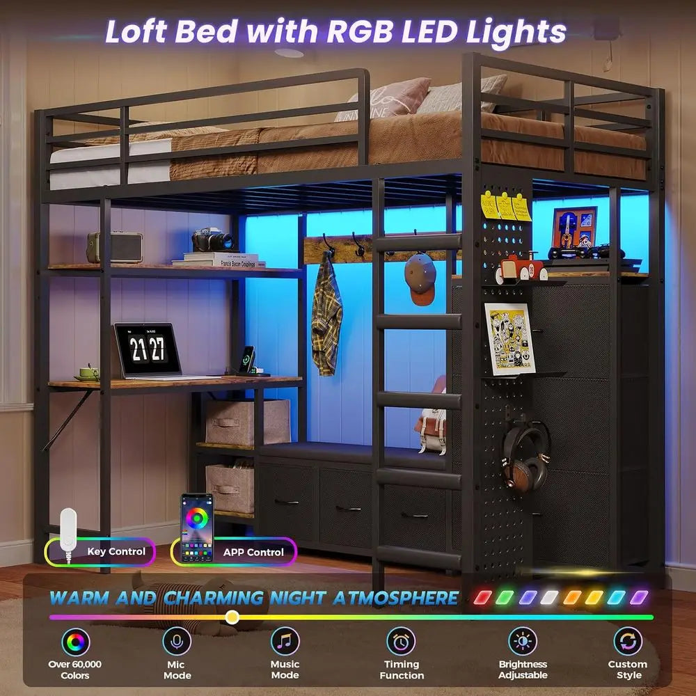 DICTAC Lot Bed Twin Size with 6 Storage Ders,Coat Rack and Open Shelves Metal Twin Lot Bed with Desk,Charging Station and LED Li