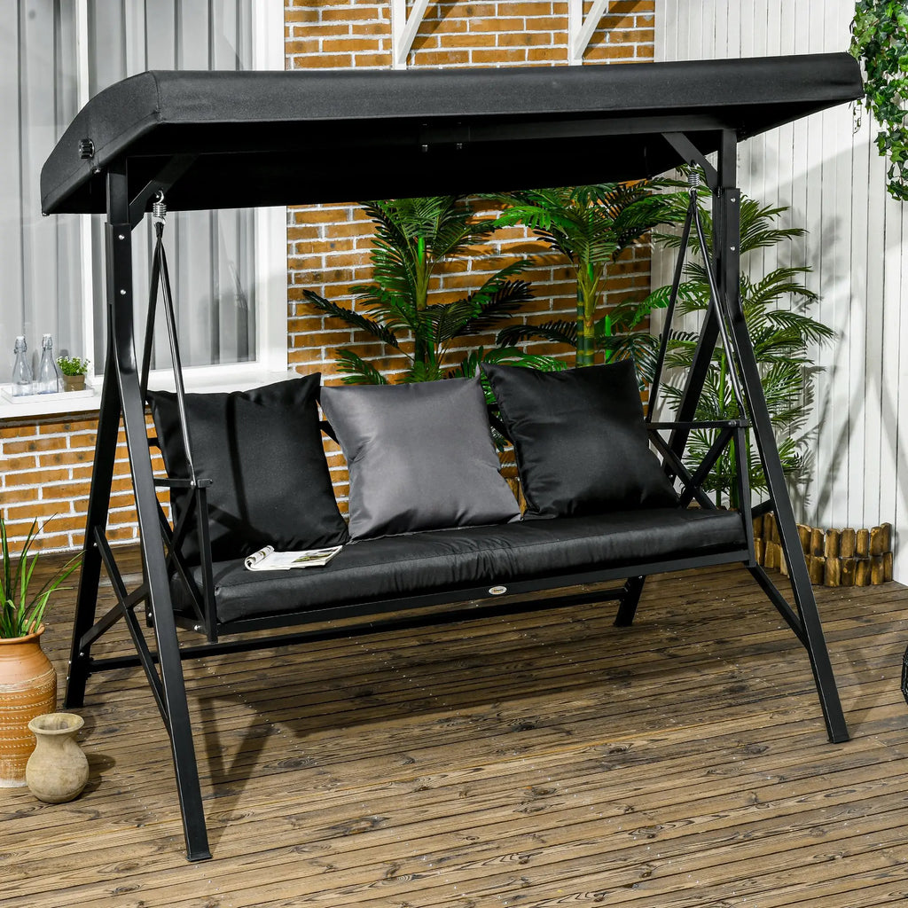3-Seat Porch Swing Outdoor Swing Adjustable Canopy Cushion Black