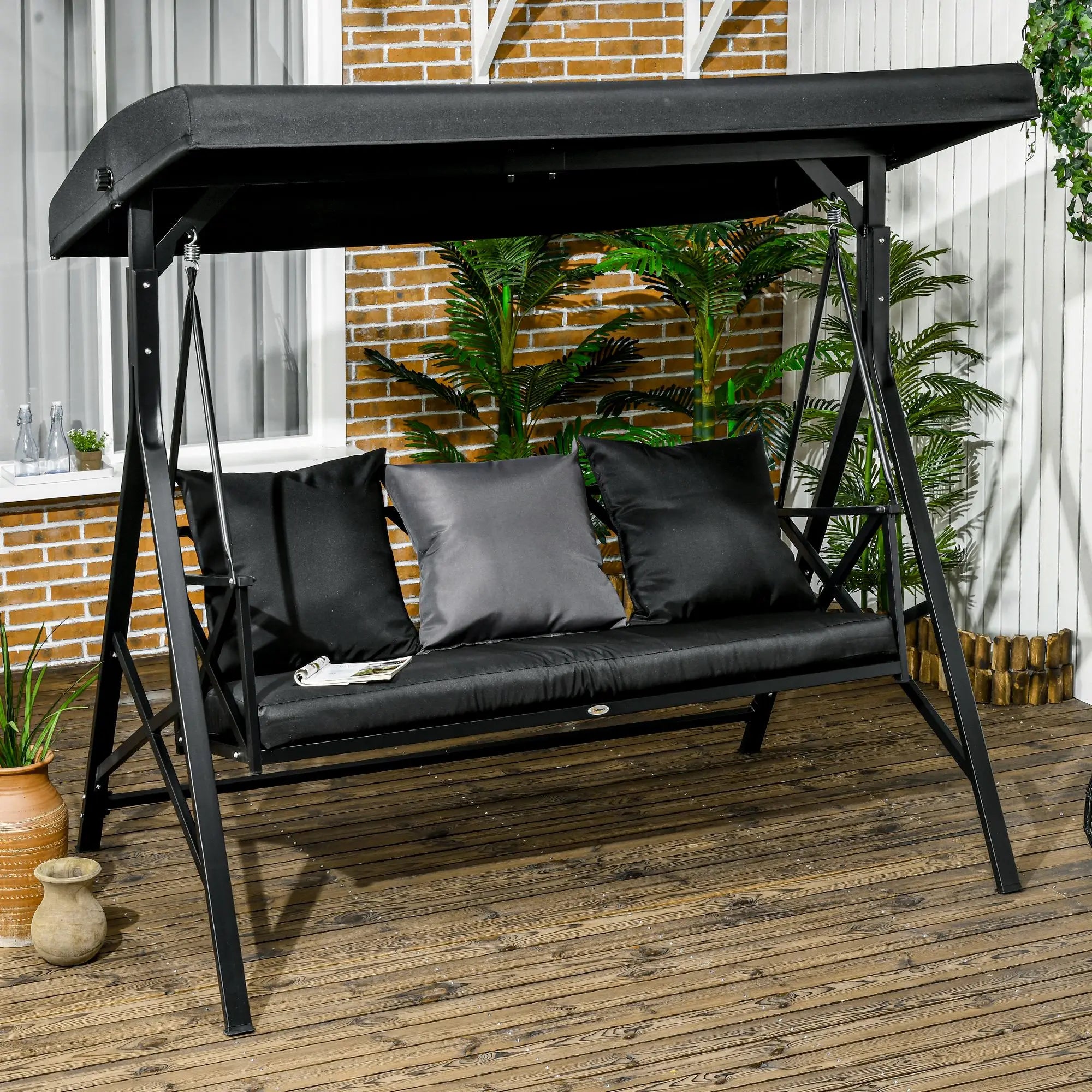 3-Seat Porch Swing Outdoor Swing Adjustable Canopy Cushion Black