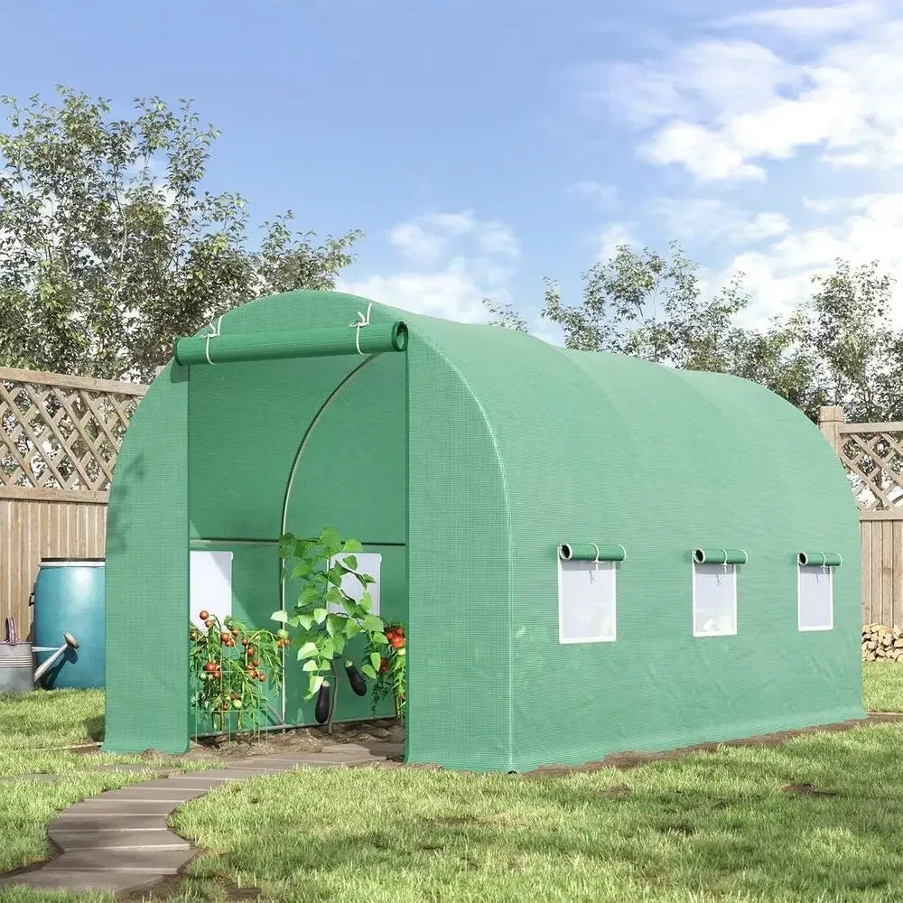 7x7x15 Walk-in Tunnel Greenhouse, Roll-Up Door, Windows, PE Cover, Ideal for Plant Growing in Backyard Garden