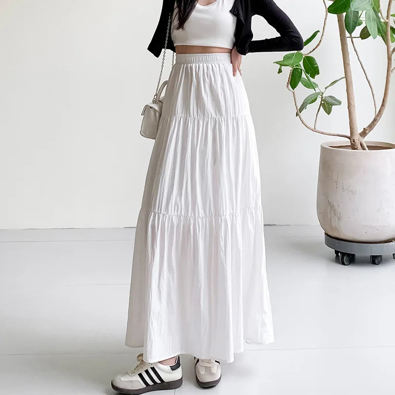 New Fashion High Waist White Long Skirts for Woman Spring Summer Harajuku A Line Cake Skirt Women Elastic Waist Party Midi Skirt