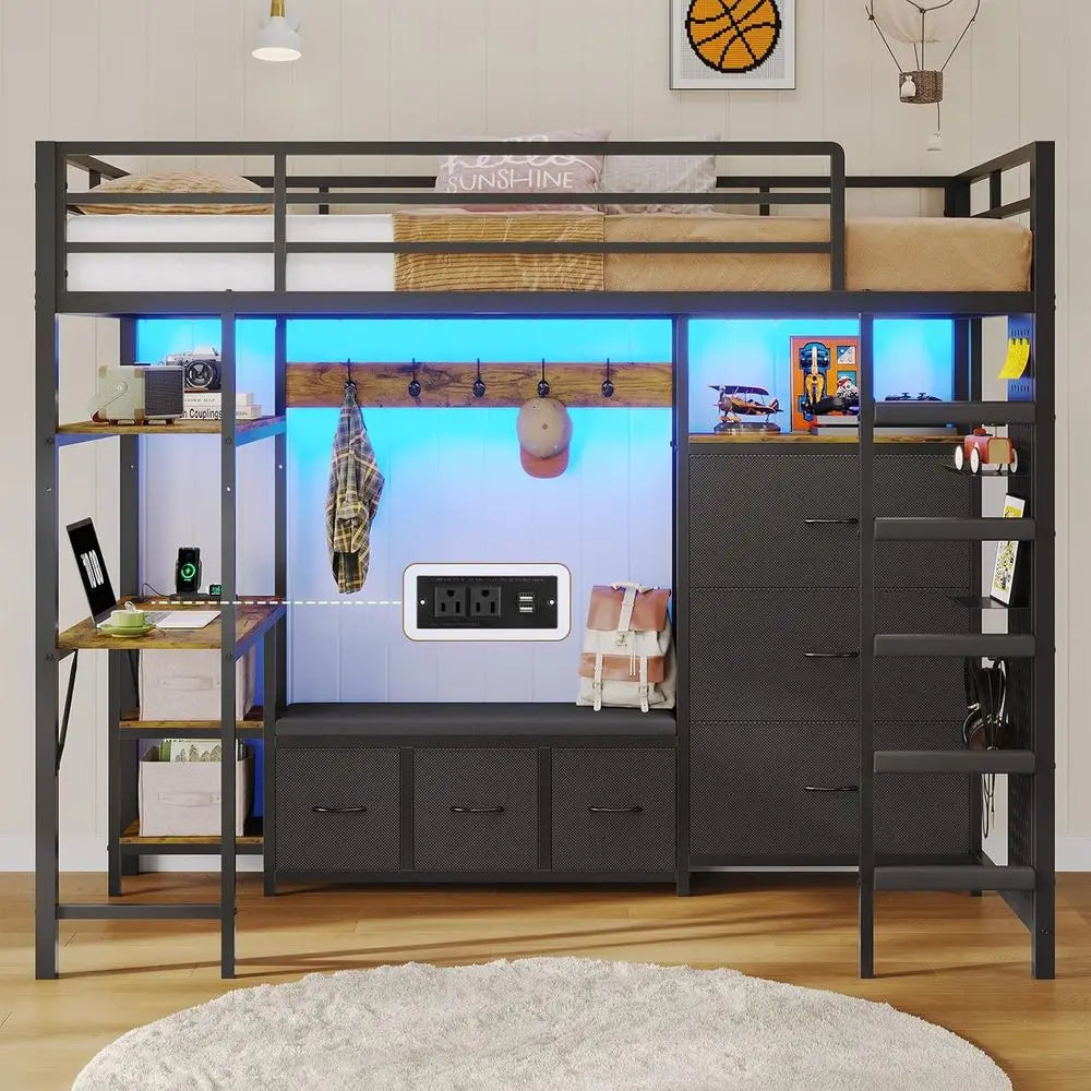DICTAC Lot Bed Twin Size with 6 Storage Ders,Coat Rack and Open Shelves Metal Twin Lot Bed with Desk,Charging Station and LED Li