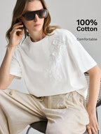 White Embroidered Floral Tee Short Sleeve Crew Neck Loose Comfortable Cotton T-Shirt