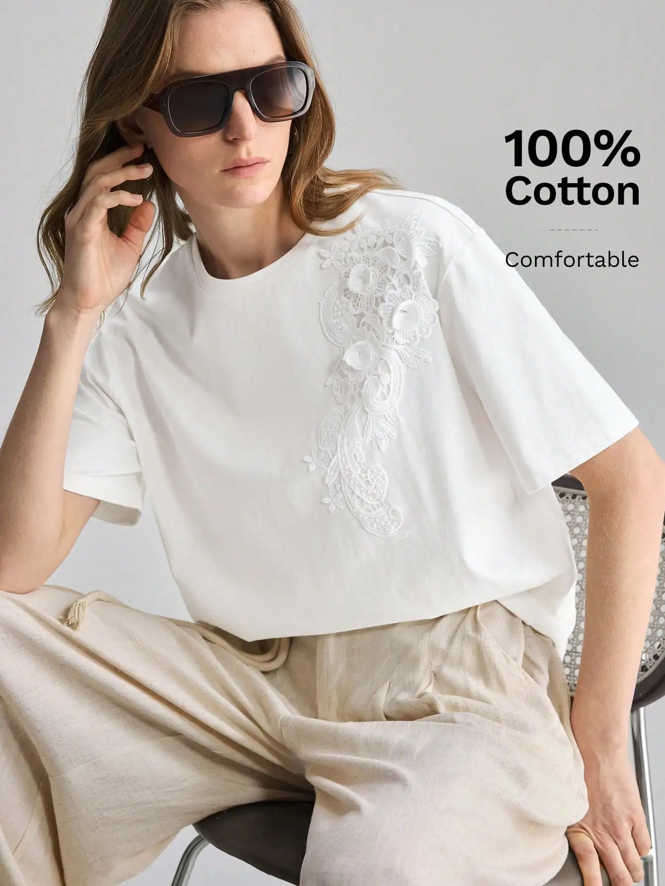 White Embroidered Floral Tee Short Sleeve Crew Neck Loose Comfortable Cotton T-Shirt