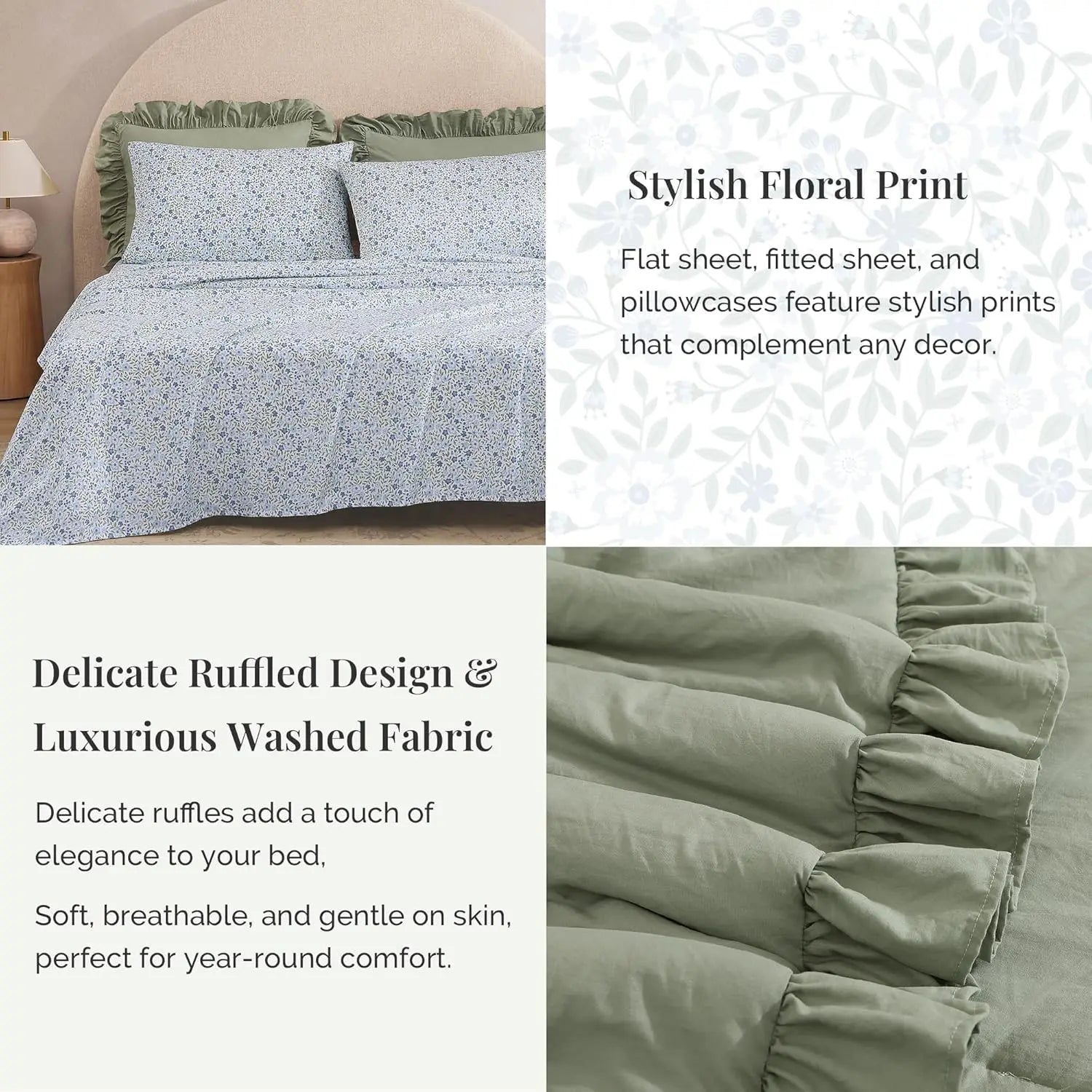 Queen Comforter Set - 7 Pieces Ruffle Sage Green Bedding, Shabby Chic Farmhouse Style with Floral Sheets & Pillowcases