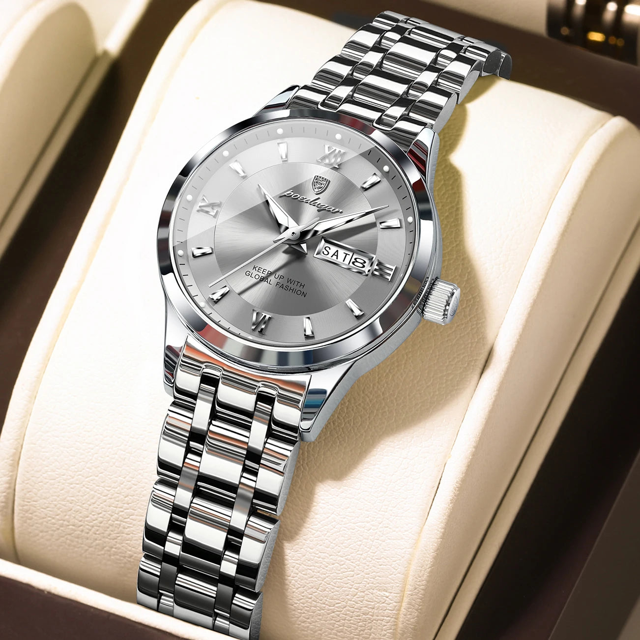 POEDAGAR Luxury Fashion Woman Watch Luminous Waterproof Stainless Steel Ladies Wristwatch Quartz Week Date Elegant Woman's Watches Male Reloj
