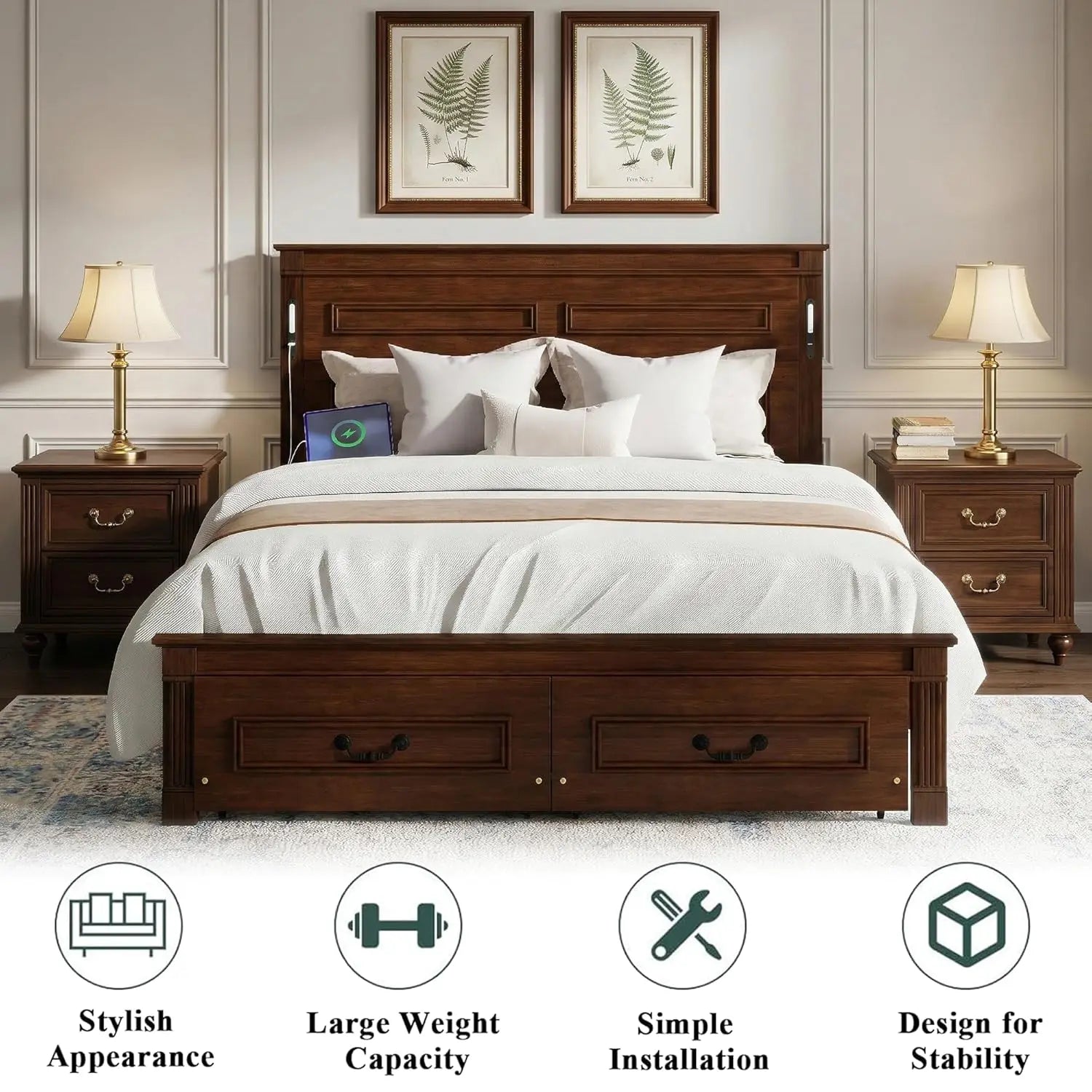 Farmhouse Queen Platform Bed Frame 46" Tall Headboard Solid Wood 2 Storage Drawers LED USB Charging No Box Spring Walnut Custom