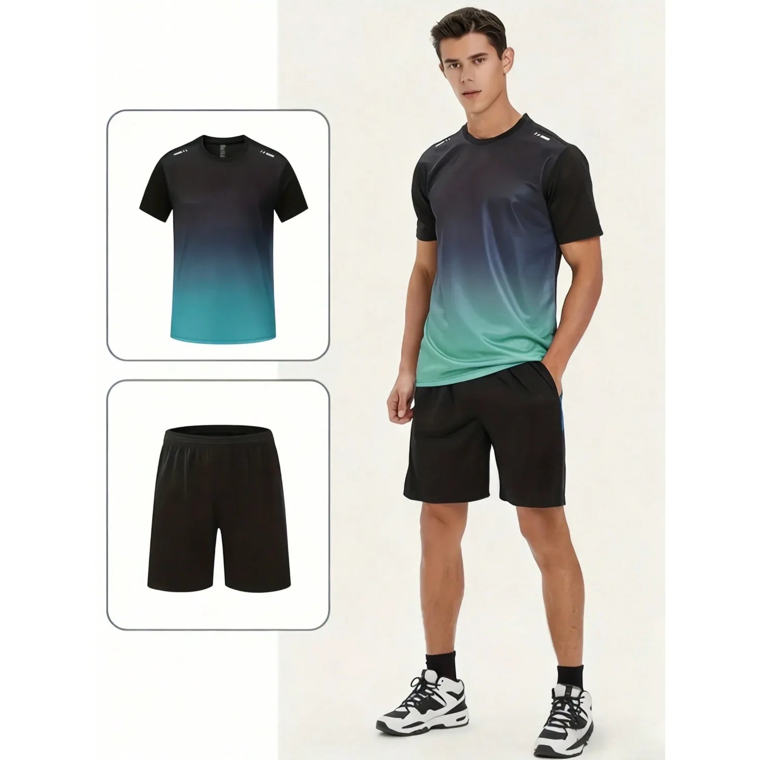 Men's casual sports suit shorts and short sleeves, outdoor hiking and park beach travel outfit, quick drying and lightweight