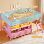 Twin Size Low Loft Bed with 3 Drawers, 3-Tier Bookshelf, 5 Storage Cubbies, 2 LED Lights, Metal Frame with Safety Rail, Inclined