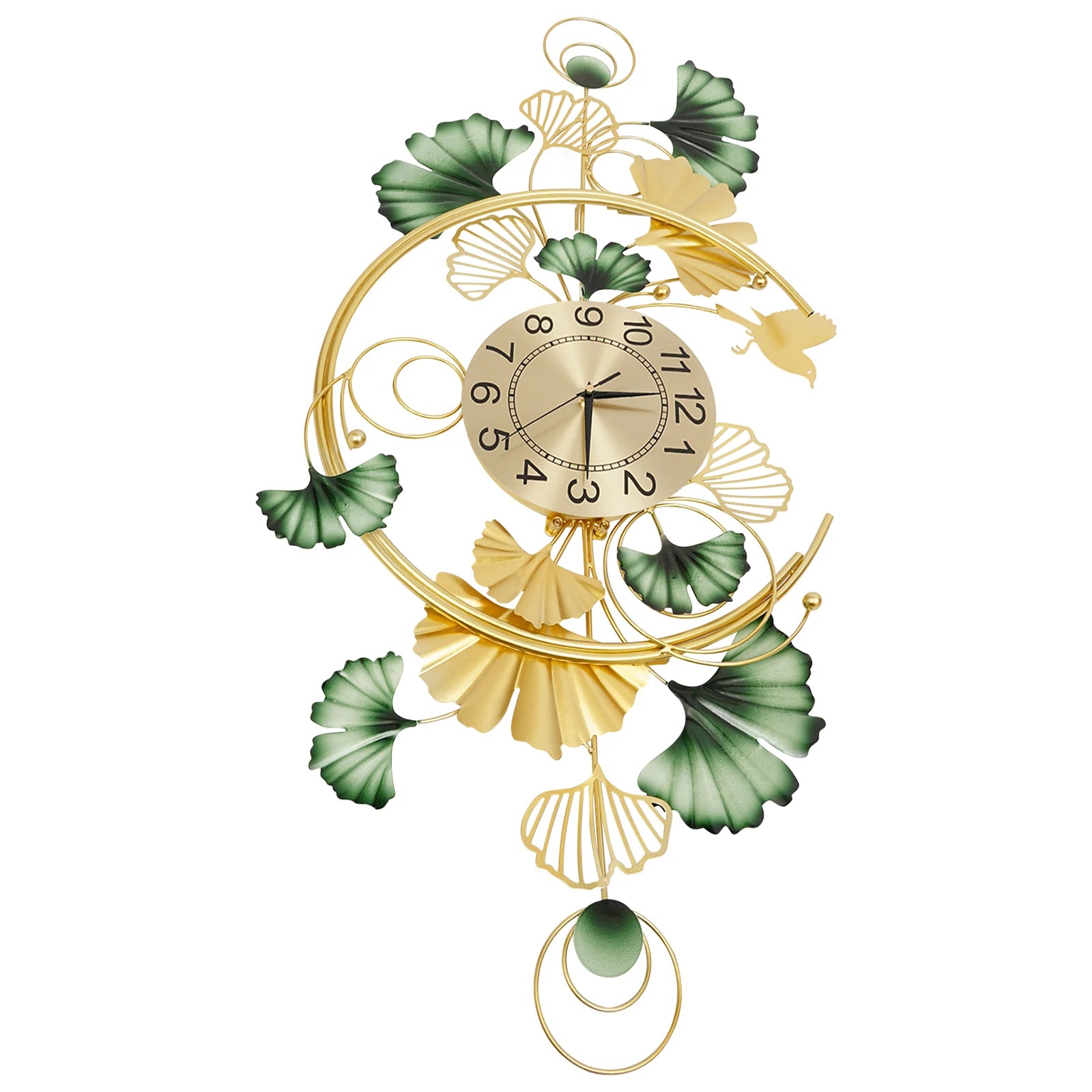 Wall Clock Metal Ginkgo Leaf Decor Large Hanging Silent Art Clock 100x50cm Modern Living Room Decorative Clock for Bedroom Office Hotel Restaurant Cafe Entrance Handmade Iron Large Wall Art Gold Green Elegant Gift