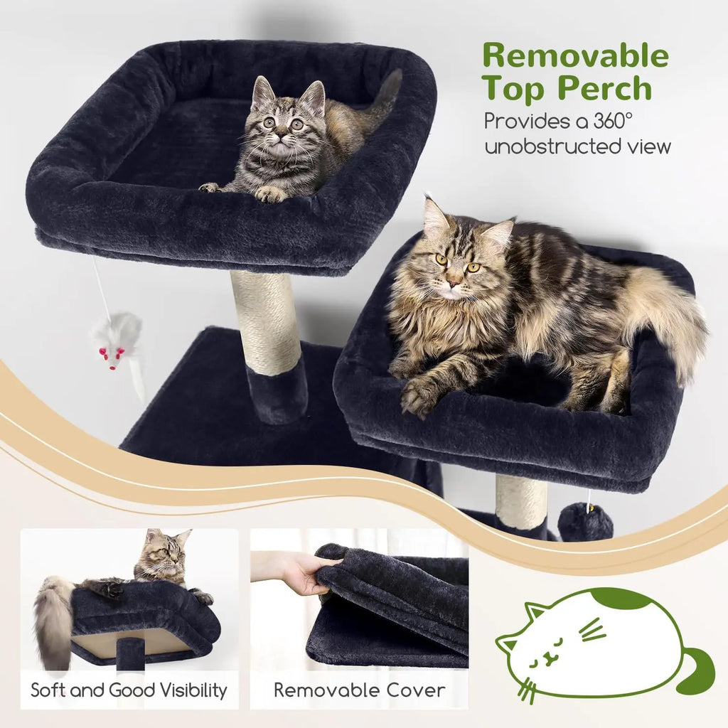 Indoor Use, Multi-Level Cat Tree in Dark Gray, with 3 Condos, Scratching Posts and Soft Extra Large Hanging Basket